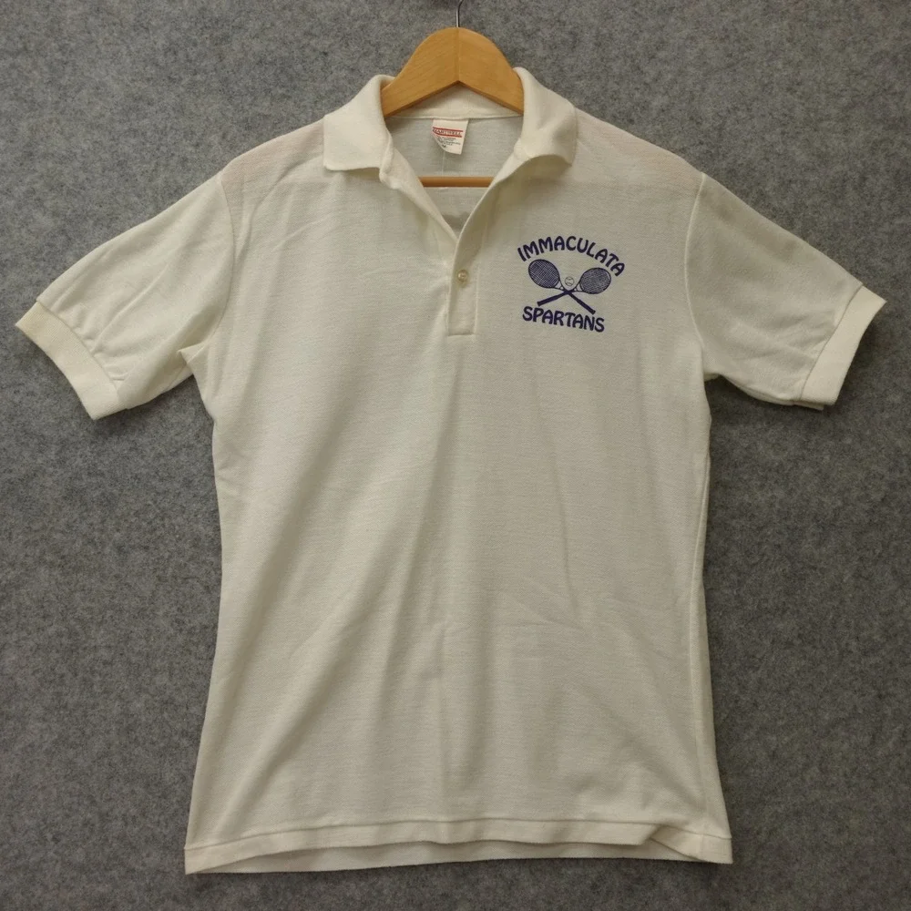 Vintage 80s Immaculata Spartans Polo Shirt Mens M Off White HARTWELL Tennis Prep